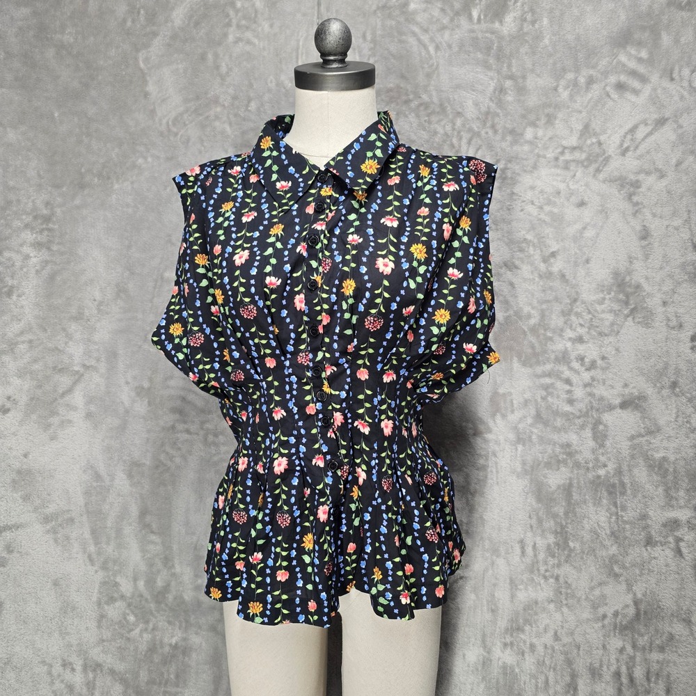 Meiven Peplum Top Womens L Black Floral Smocked Waist Button Up Cottagecore Boho